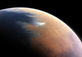 This artist’s impression shows how Mars may have looked about four billion years ago. The young planet Mars would have had enough water to cover its entire surface in a liquid layer about 140 metres deep, but it is more likely that the liquid would have pooled to form an ocean occupying almost half of Mars’s northern hemisphere, and in some regions reaching depths greater than 1.6 kilometres.